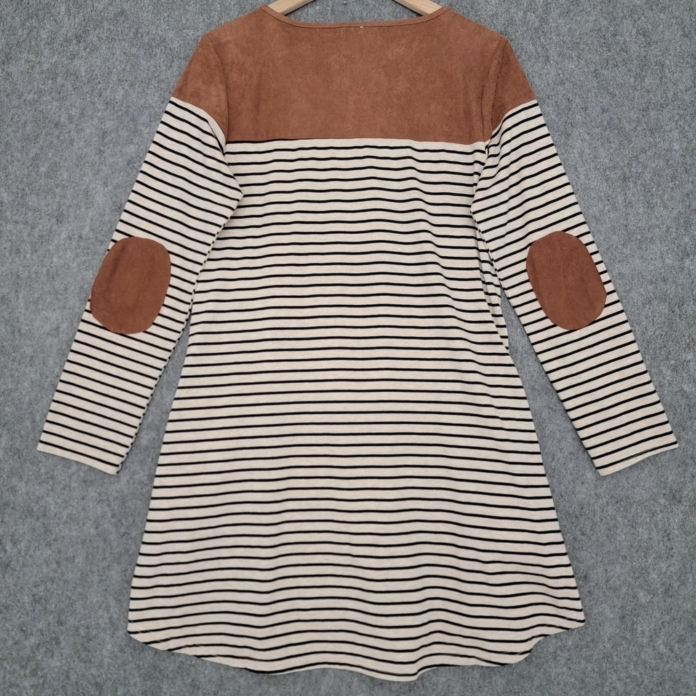 Umgee Dress Womens M Black White Stripe Brown Faux Suede‎ Elbow Patch Pockets - Picture 2 of 11